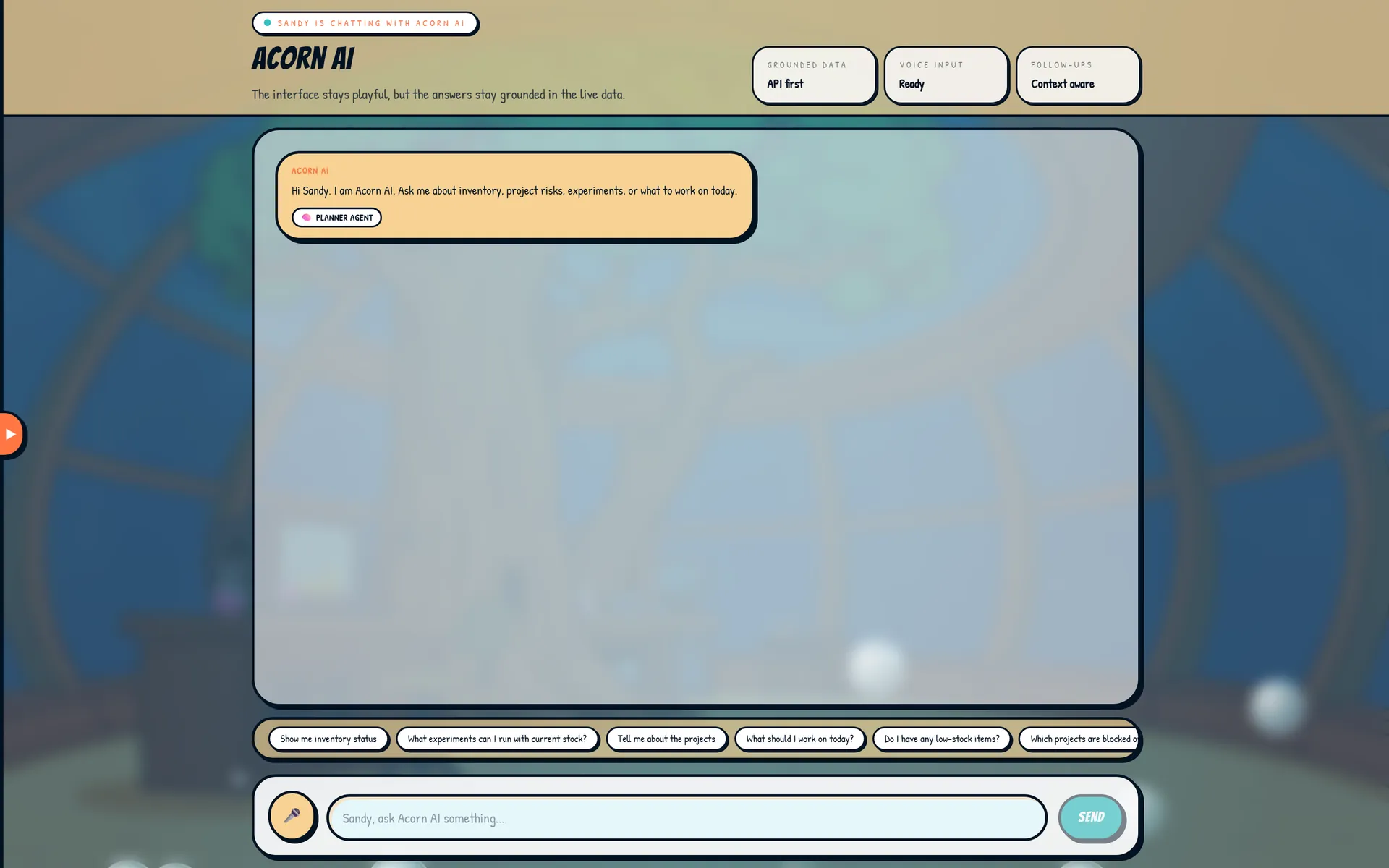 The Acorn AI chat interface